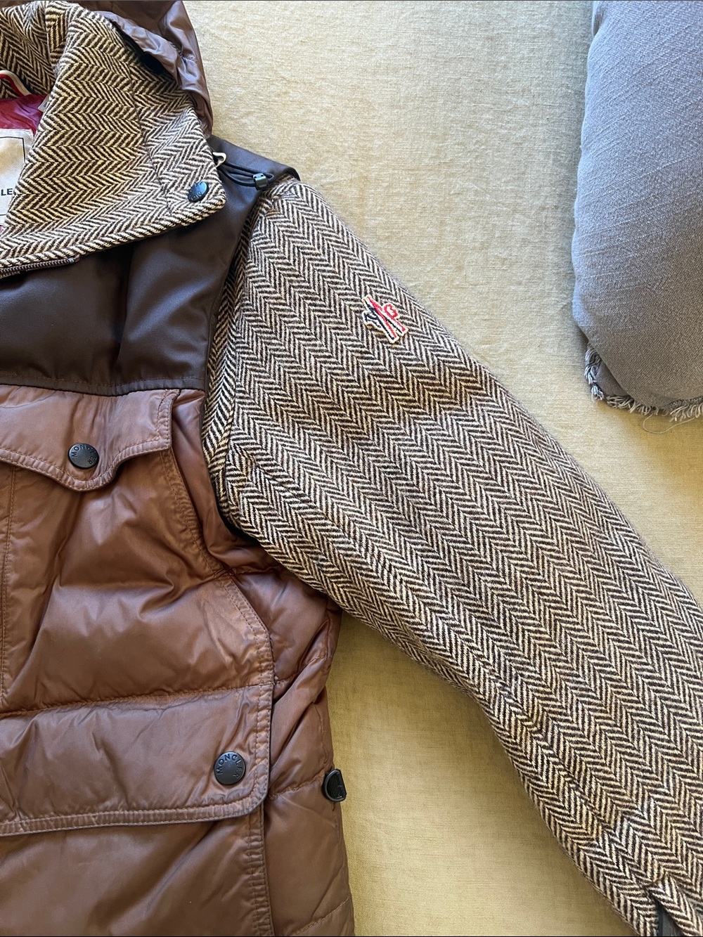 Moncler Brown Quilted & Herringbone Hooded Mixed-Material Jacket - Picture 5 of 8